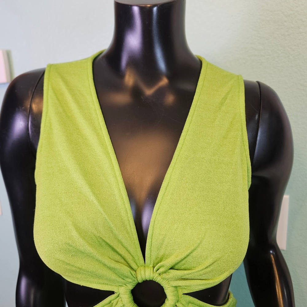 Vintage 70s Lime Green Oring Cutout Maxi Dress Disco Textured Knit Sleeveless View 3